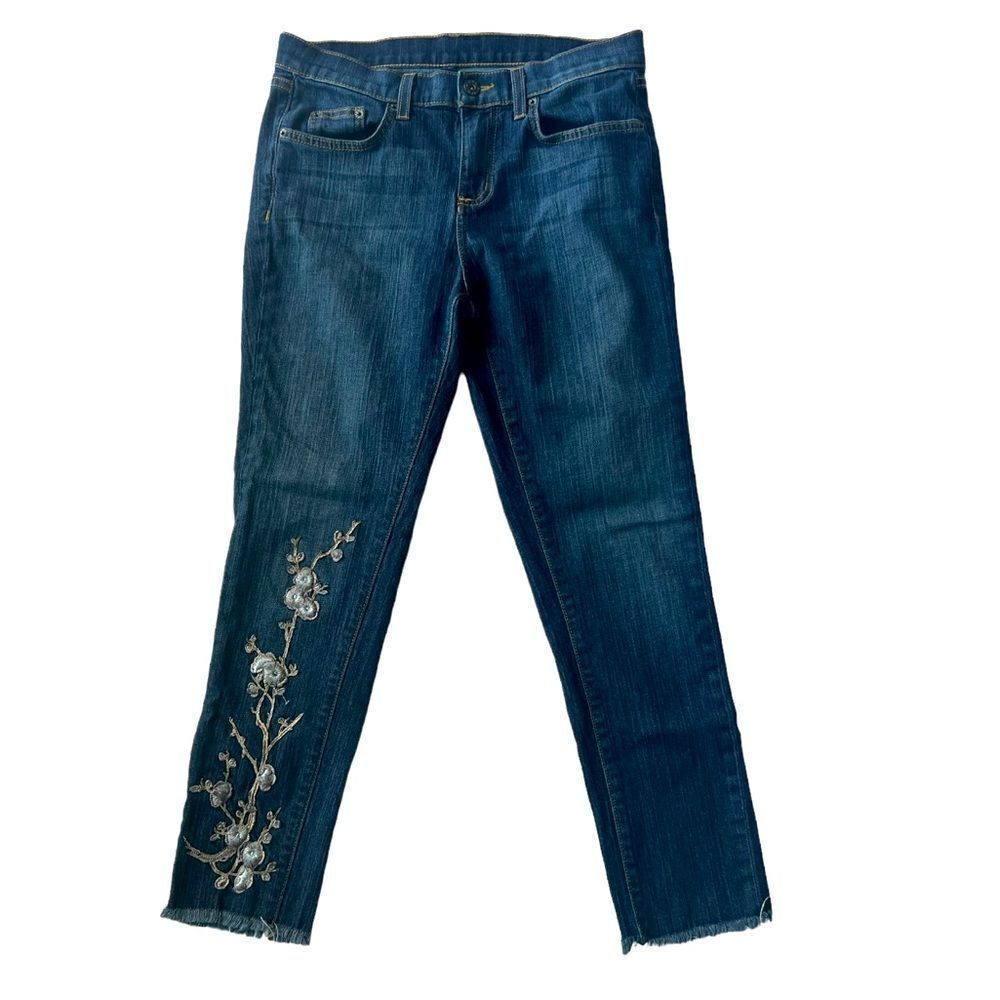 Y2K Embroidered Floral Straight Leg Raw Hem Boho High Rise Ankle Jeans 28